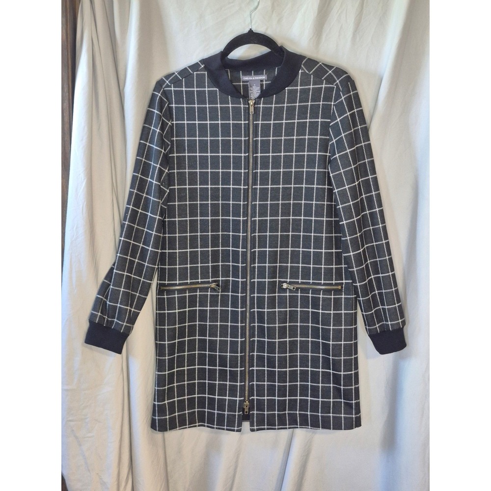 Chelsea & Theodore Womens Grey Windowpane Plaid Longline Jacket Size Small